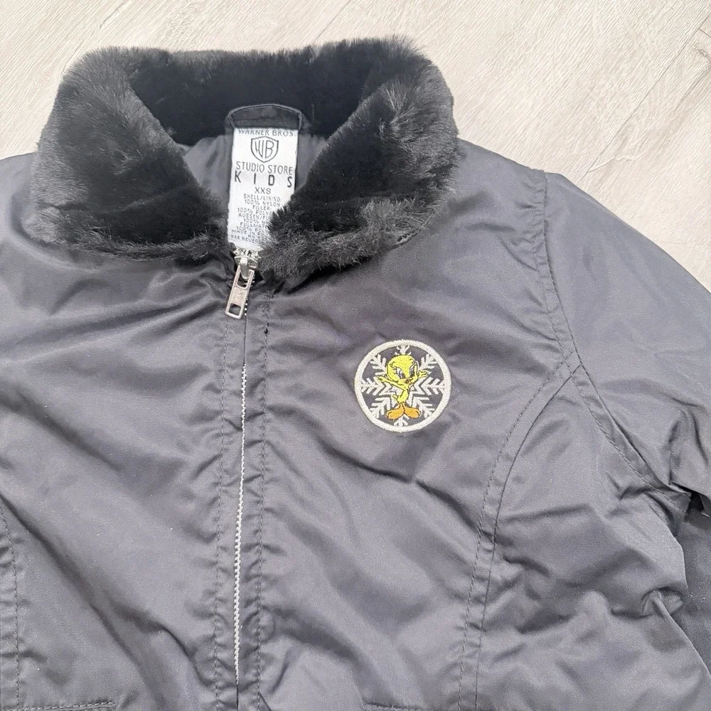 Vintage 1997 Warner Bros Studio Store Kids Tweety Bird Black Winter Jacket XXS